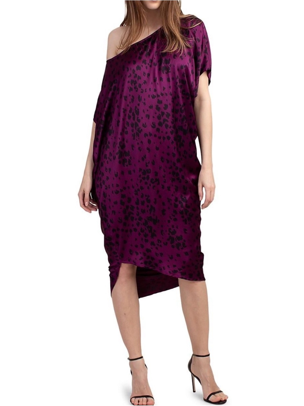 Trina Turk Off-Shoulder Purple Animal Print Satin Dress